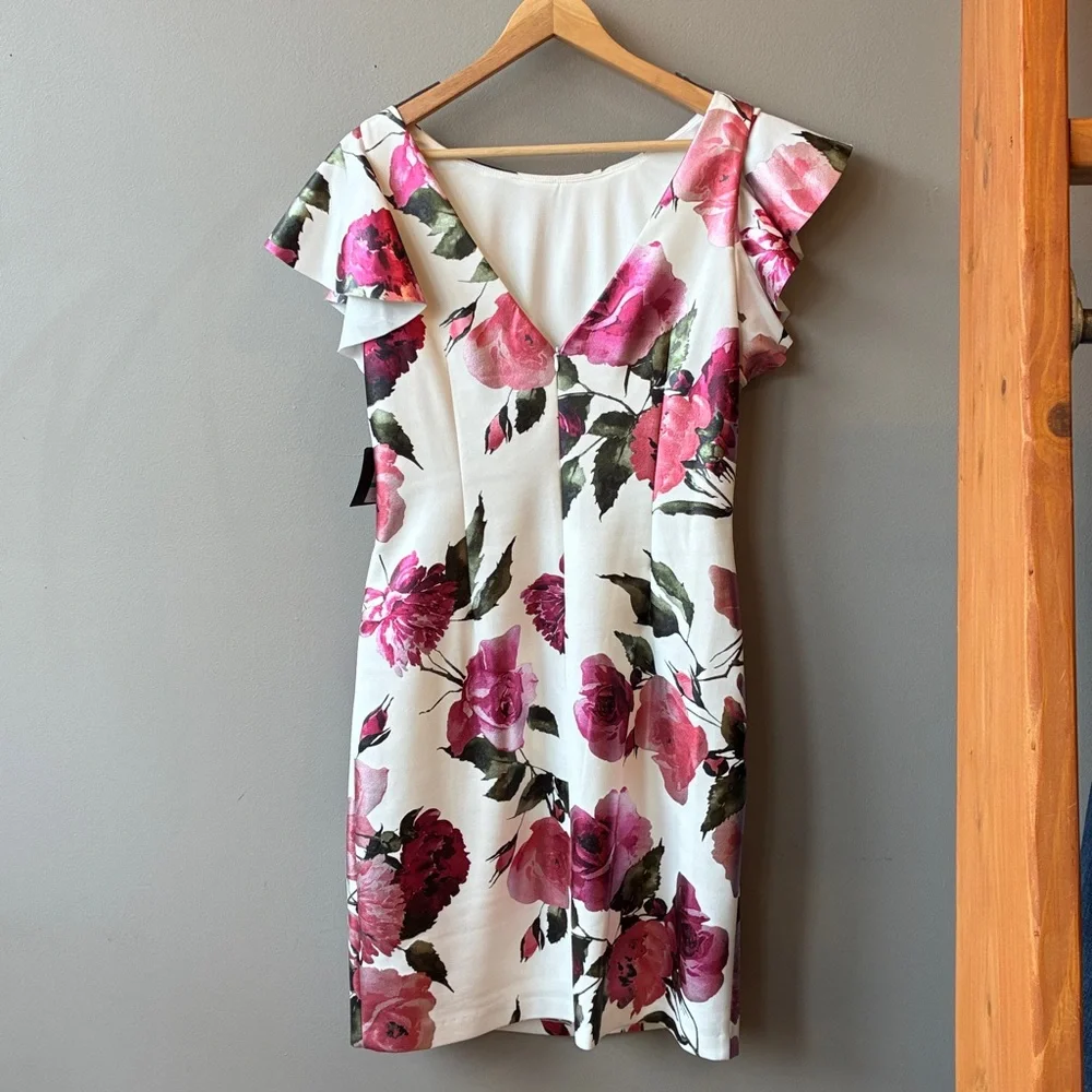 JH Evenings Pink Shimmer Floral Ruffle Sleeve Dress, sz 16 - Picture 6 of 11